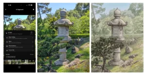 AI photo editing app interface on the left, stone lantern in a garden center, and stylized drawing of the scene on the right.
