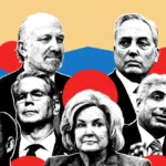 Collage of six people in black and white against a beige background with red and blue geometric shapes.