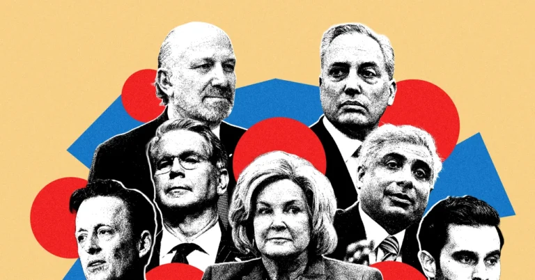Collage of six people in black and white against a beige background with red and blue geometric shapes.