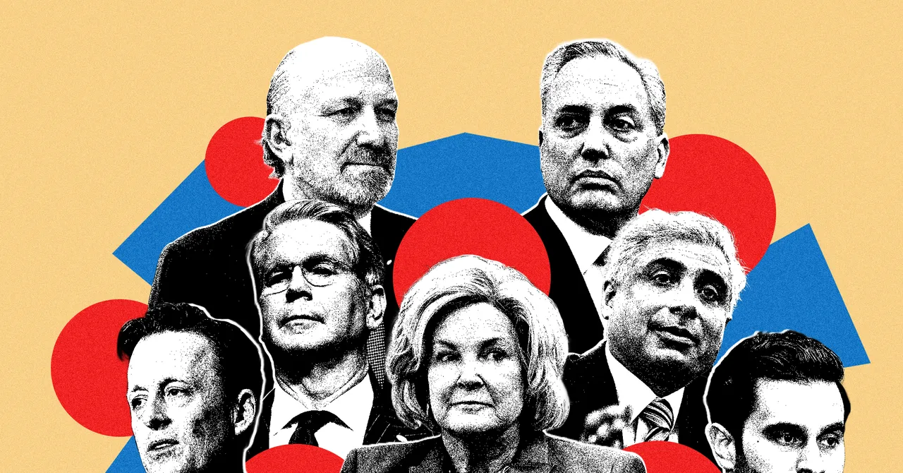 Collage of six people in black and white against a beige background with red and blue geometric shapes.