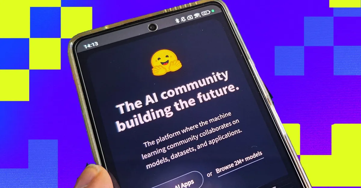 Smartphone displaying text: "The AI community building the future" with a smiling emoji, vibrant geometric background.
