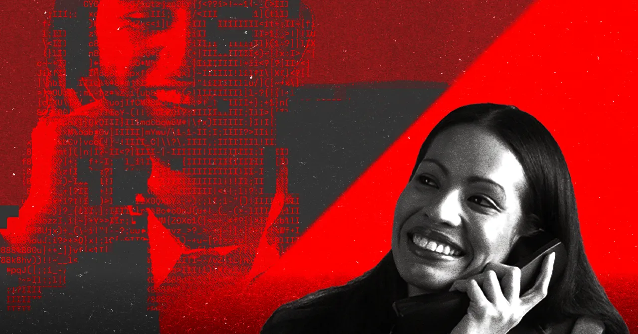 Smiling woman on phone against a red and black background with scattered code and text fragments.