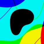 Abstract design with overlapping colorful shapes and a central black blob, featuring bright blue, red, yellow, and green a...
