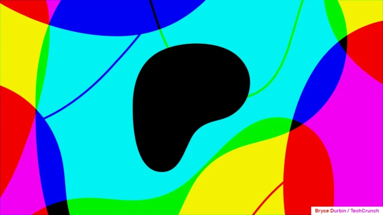 Abstract design with overlapping colorful shapes and a central black blob, featuring bright blue, red, yellow, and green a...