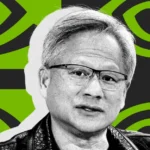 Man wearing glasses and a leather jacket, with a graphic green and black background featuring eye-like patterns.