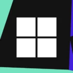 Stylized Windows logo with bold blue, black, and mint green geometric shapes in the background.