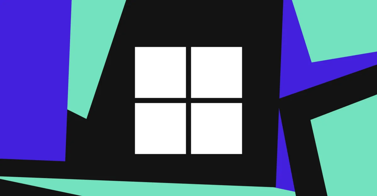 Stylized Windows logo with bold blue, black, and mint green geometric shapes in the background.