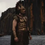 Warrior in bronze armor stands on rocky shore near cliff, with a ship in the background under a cloudy sky.