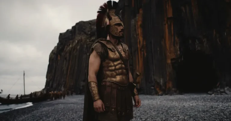Warrior in bronze armor stands on rocky shore near cliff, with a ship in the background under a cloudy sky.