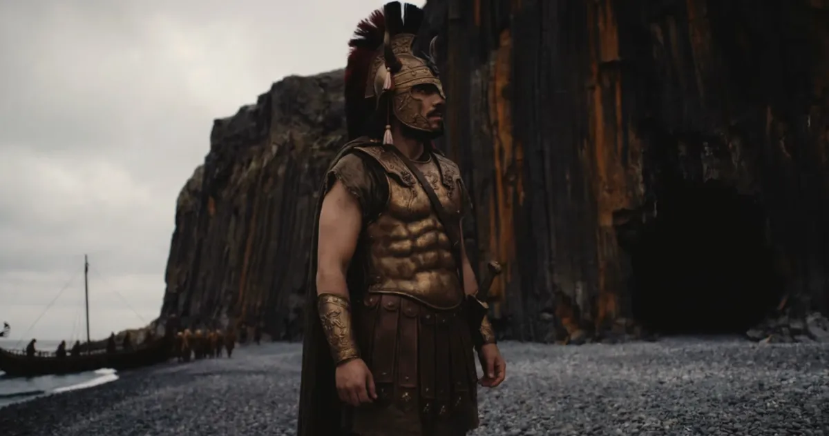 Warrior in bronze armor stands on rocky shore near cliff, with a ship in the background under a cloudy sky.