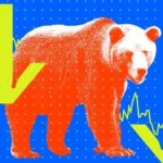 Red bear on blue background with yellow downward arrows and stock market chart lines.