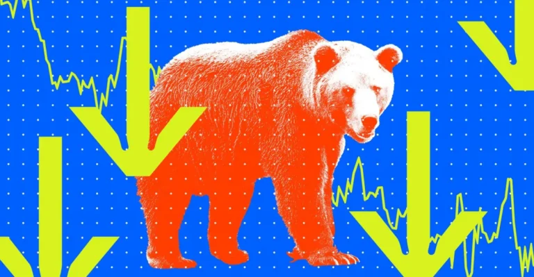 Red bear on blue background with yellow downward arrows and stock market chart lines.