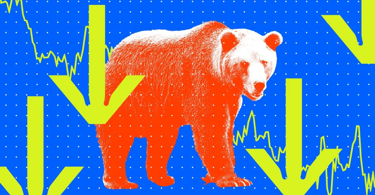 Red bear on blue background with yellow downward arrows and stock market chart lines.