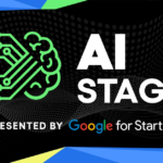 AI Stage banner with circuit brain graphic, presented by Google for Startups, on a dynamic black and blue background.