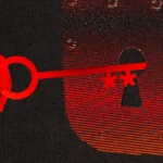 Red hand holding a key with asterisks, pointing towards a digital lock with binary code background.
