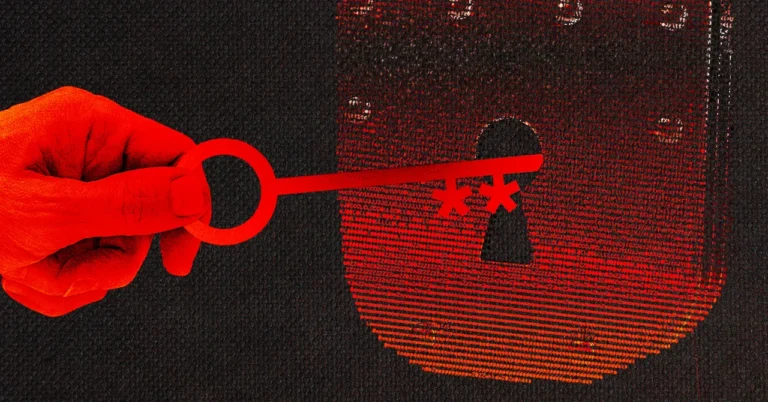 Red hand holding a key with asterisks, pointing towards a digital lock with binary code background.