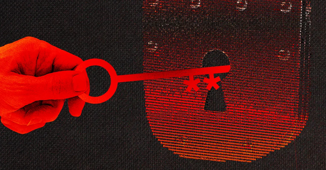 Red hand holding a key with asterisks, pointing towards a digital lock with binary code background.