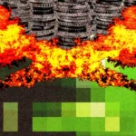 Two soldiers with flamethrowers face each other, flames forming an X over stacked coins on a pixelated green background.