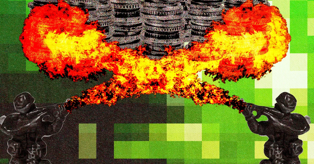 Two soldiers with flamethrowers face each other, flames forming an X over stacked coins on a pixelated green background.