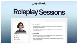 Synthesia interface showing "Roleplay Sessions" title, a coach's photo, feedback scores, and improvement suggestions.