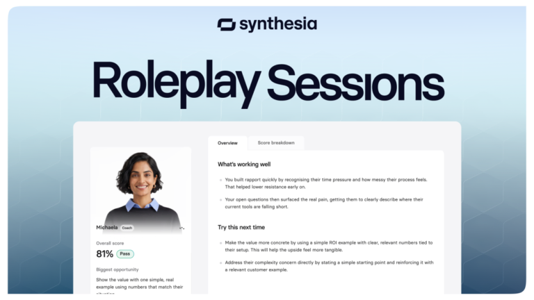 Synthesia interface showing "Roleplay Sessions" title, a coach's photo, feedback scores, and improvement suggestions.