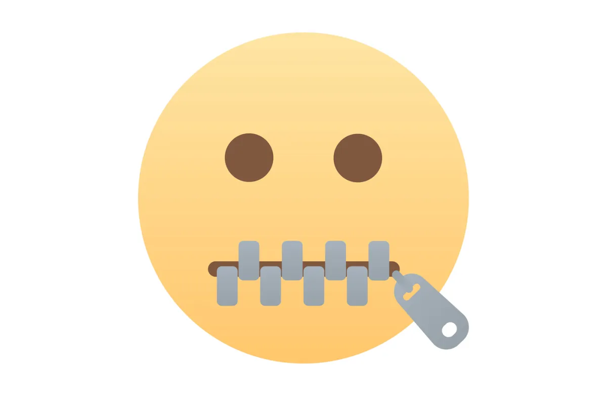 Emoji with a yellow face, brown eyes, and a closed zipper for a mouth, symbolizing silence or confidentiality.