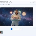Video editing interface showing an astronaut with a birthday cake in space, fireworks in the background, menu options on t...