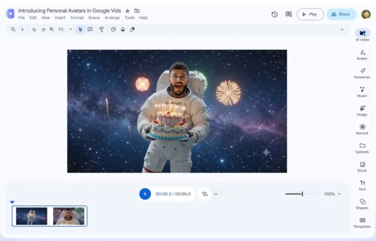 Video editing interface showing an astronaut with a birthday cake in space, fireworks in the background, menu options on t...