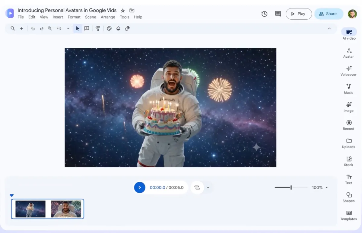 Video editing interface showing an astronaut with a birthday cake in space, fireworks in the background, menu options on t...