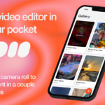 Smartphone displaying a gallery of videos, with text "AI video editor in your pocket" on an orange gradient background.