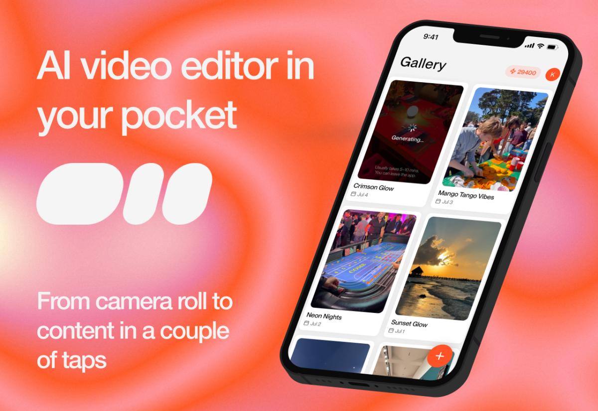 Smartphone displaying a gallery of videos, with text "AI video editor in your pocket" on an orange gradient background.