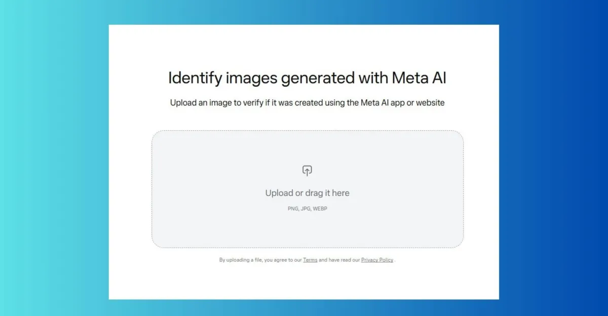 Meta AI image verification interface with upload area and text on gradient blue background.