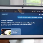 Smart display showing Alexa interface with a restaurant reservation query, temperature 78°F, time 3:36, headphones nearby.