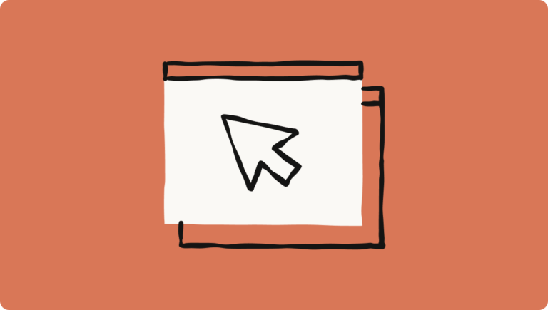 Stylized illustration of a computer cursor on overlapping windows, set against a solid orange background.