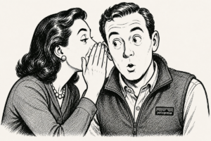 Woman whispering to a surprised man wearing a Patagonia vest, both in vintage illustration style.