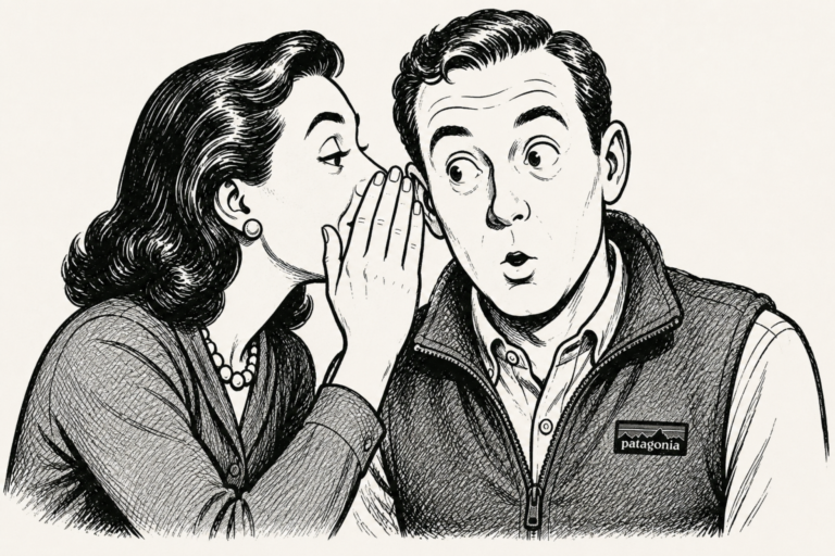 Woman whispering to a surprised man wearing a Patagonia vest, both in vintage illustration style.