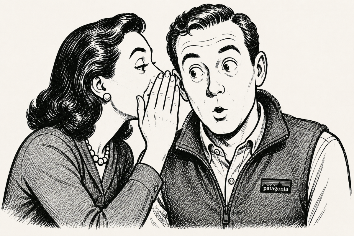 Woman whispering to a surprised man wearing a Patagonia vest, both in vintage illustration style.