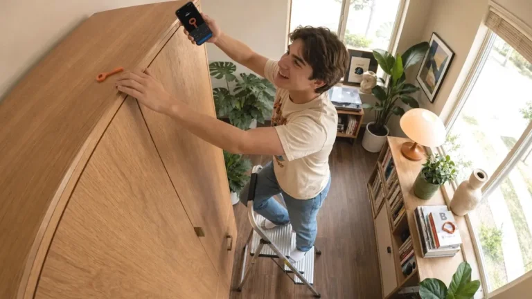 Person standing on a step stool, holding a phone with a key icon, in a cozy room with plants and bookshelves.