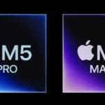 Apple M5 Pro and M5 Max chip logos on gradient backgrounds, left in blue and right in purple.