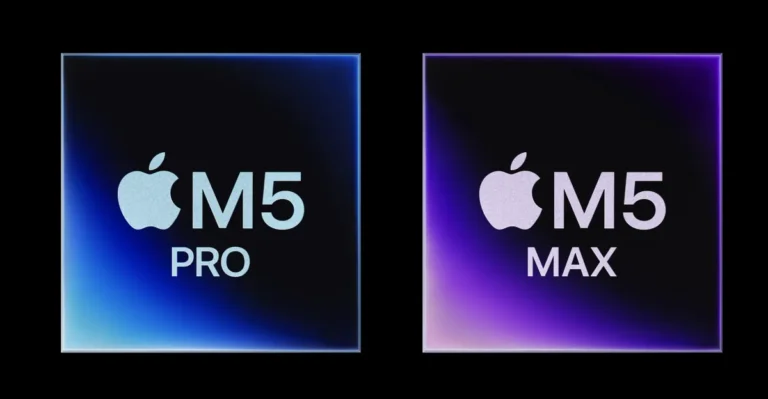 Apple M5 Pro and M5 Max chip logos on gradient backgrounds, left in blue and right in purple.