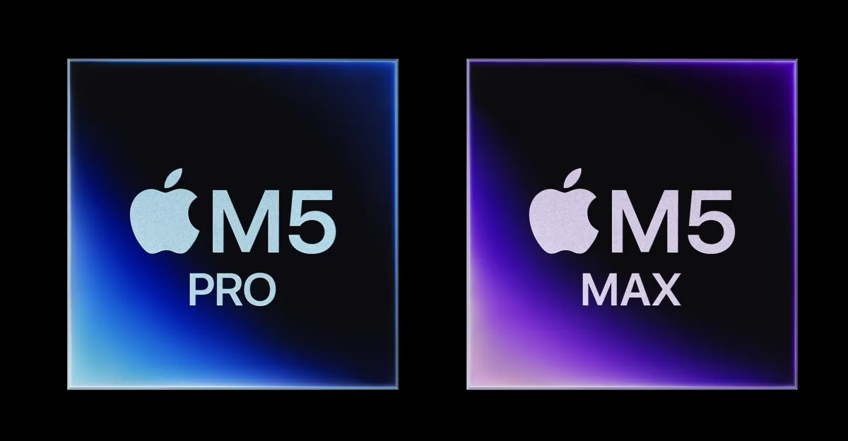 Apple M5 Pro and M5 Max chip logos on gradient backgrounds, left in blue and right in purple.
