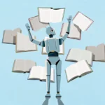Robot juggling multiple open books against a light blue background.