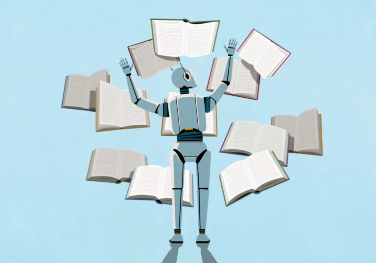 Robot juggling multiple open books against a light blue background.