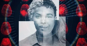 Composite face with varied features overlaid on a background of red brain images, radiating digital patterns.