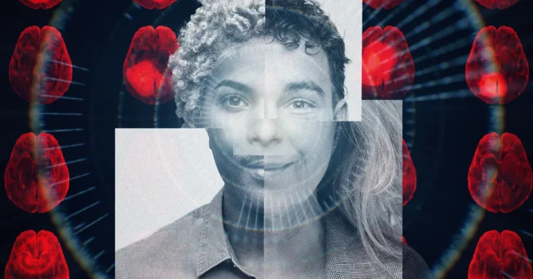 Composite face with varied features overlaid on a background of red brain images, radiating digital patterns.