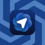 Blue app icon with a white arrow in the center, set against a larger blue geometric pattern background.
