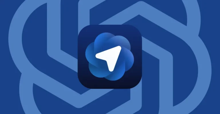 Blue app icon with a white arrow in the center, set against a larger blue geometric pattern background.