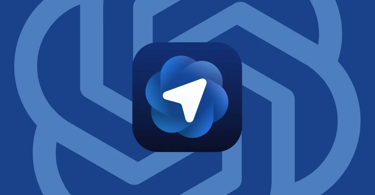 Blue app icon with a white arrow in the center, set against a larger blue geometric pattern background.