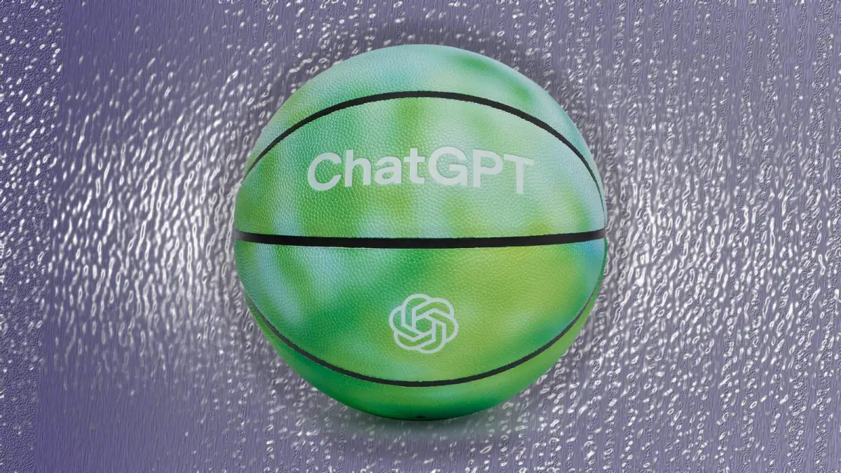 Green basketball with "ChatGPT" text and logo, textured background.