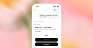 Smartphone screen displaying ChatGPT app asking for permission to use health data, with options to deny or allow access.